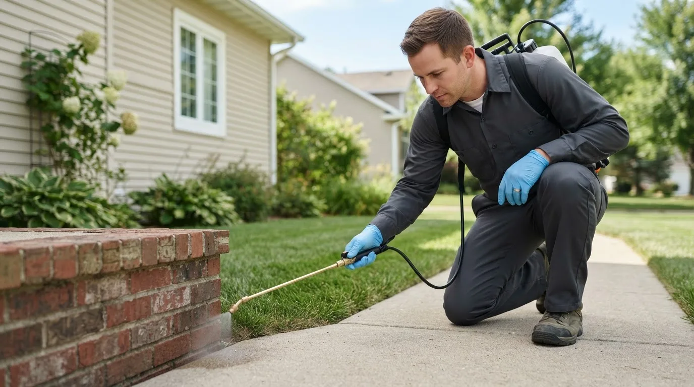 Pest control technician treating a home near Tehachapi, CA